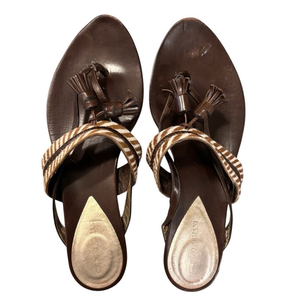 ARMANI Tassel Calf Hair Sandals Flats Animal Print Woodland Bark Brown, size 7.5